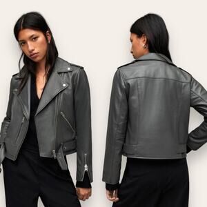 AllSaints Balfern Belted Hem Lamb Leather Biker Jacket Zip Cuff Gray 2 Women’s